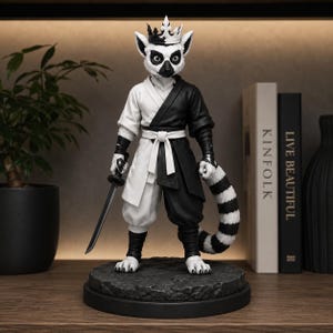 Può includere: Una statuetta di lemure in piedi che indossa un kimono diviso in bianco e nero, una corona abbinata e impugna una katana. Il lemure ha una lunga coda a strisce bianche e nere e poggia su una base circolare grigio scuro testurizzata.