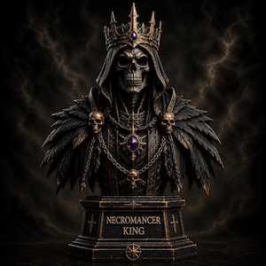 May include: A detailed bust of a skeleton wearing a crown and a dark hooded cloak with feathered shoulders. The figure features gold chains, skull accents, and a central purple gemstone. The base is inscribed with the text NECROMANCER KING.