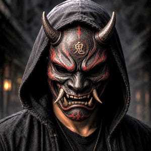 Könnte beinhalten: Eine dunkel gefärbte Oni-Maske mit texturierten schwarzen und roten Schuppen, zwei markanten geschwungenen Hörnern und scharfen goldfarbenen Fangzähnen. Die Stirn zeigt ein kreisförmiges Emblem mit dem japanischen Kanji für Dämon, getragen mit einer schwarzen Kapuzenjacke.