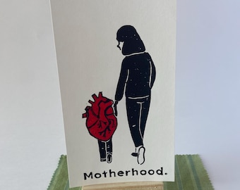 Motherhood Print 5x8 - Hand-printed Linocut Block Print with Chine-Collée Mixed Media