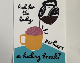 Funny Coffee Print | 6x8 Jigsaw Linocut Art | Kitchen Wall Art | Block Print | Unique Gift for Moms