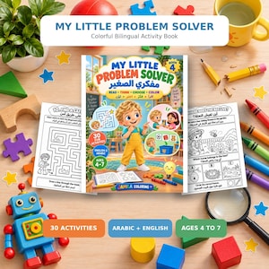 May include: A bilingual English and Arabic activity book titled My Little Problem Solver Book 4, featuring a cartoon child on the cover, 30 activities for ages 4-7, and two open pages showing a maze and a bee-themed worksheet with illustrations.