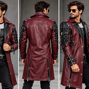 Men’s Burgundy Leather Trench Coat - Gothic Biker Long Jacket - Black Red Punk Motorcycle Coat - Lace Up Steampunk Leather Jacket