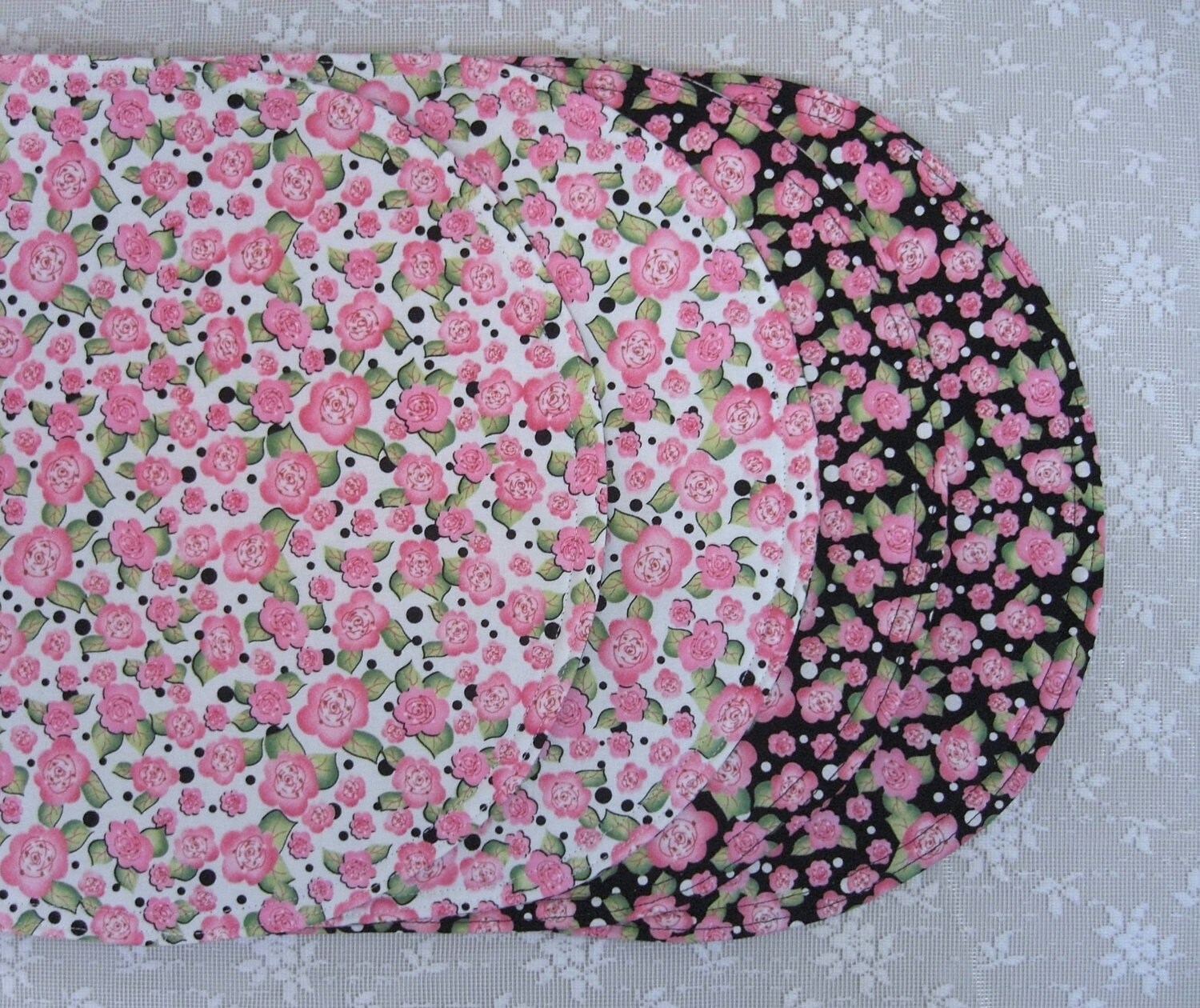 Reversible Placemats Oval Placemats Pink Flowers on White and Etsy