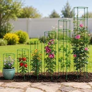May include: Six green cylindrical wire plant supports of varying heights arranged in a row. Each support features a grid structure with circular rings, holding different plants including small purple flowers, red peppers, yellow daisies, and roses.