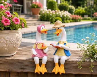 Duck Couple Sitting Statue, Reading Duck Garden Decor, Cute Resin Duck Figurines, Outdoor Patio Lawn Ornament, , Poolside Decor