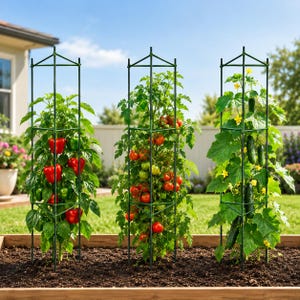 May include: Three dark green metal plant support cages standing in a garden bed. Each square-shaped trellis features vertical rods and horizontal rings, supporting a pepper plant, a tomato plant, and a cucumber plant with visible produce.