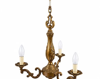 Lustre rococo en laiton vintage | Plafonnier français à 3 bras | Éclairage style Hollywood Regency | Suspension dorée ornée | Style antique