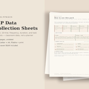May include: A set of IEP Data Collection Sheets featuring a guide titled How to use this pack. The document includes sections for 5-trial, 10-trial, frequency, duration, and task analysis, along with a prompt-level key and interval sheet instructions.