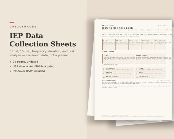 IEP Data Collection Sheets Printable Fillable PDF | 5-Trial, 10-Trial, Frequency, Duration, Task Analysis | 22 Pages | U.S. Letter + A4