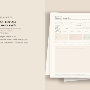 May include: A black and white printable student snapshot form for MTSS Tier 2/3 intervention progress monitoring. The document includes fields for student initials, grade, teacher, cycle dates, and specific reading goals with a large notes section.