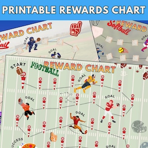 May include: A collection of printable reward charts featuring sports themes including baseball, softball, and football. Each chart displays a field layout with dotted paths, goal markers, and illustrations of players in action with the text REWARD CHART.