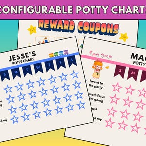 May include: Two printable potty charts titled Jesse's Potty Chart and Macy's Potty Chart, featuring blue and pink star grids, task lists for flushing and washing hands, and a separate sheet of reward coupons with yellow star graphics.