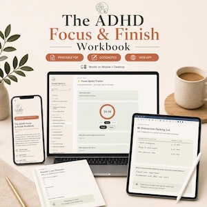 ADHD Focus & Finish Workbook, Printable PDF, GoodNotes and Interactive Web App, Procrastination Planner for Adults, Web Planner 2026-2027