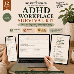 以下が含まれることがあります： ADHDの方向けの職場サバイバルキット。12ページの印刷可能なPDFテンプレート、GoodNotes用インタラクティブダッシュボード、モバイル対応ツールが含まれています。会議準備テンプレートには、プロジェクトの目標やタイムラインを整理するためのセクションが用意されています。