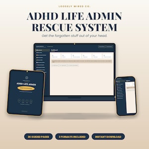 Può includere: Un sistema digitale ADHD Life Admin Rescue System visualizzato su un computer portatile, un tablet e uno smartphone. Gli schermi mostrano un'interfaccia dashboard con menu di navigazione, contatori di attività e il testo: ADHD Life Admin Rescue System. Get the forgotten stuff out of your head. 36 guided pages, 3 formats included, instant download.