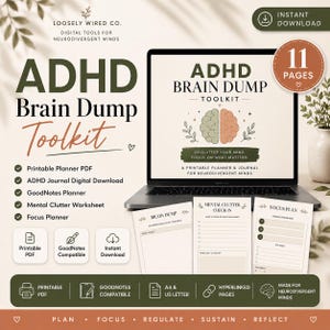 ADHD-arbetsbok för hjärndumpning, utskrivbar PDF, GoodNotes-planerare, verktygslåda för exekutiva funktioner, övertänkararbetsblad, mental röra, planerare 2026