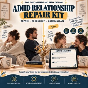 Cahier d'exercices relationnels pour les couples TDAH, Guide de communication pour les couples TDAH (PDF), Kit de résolution des conflits pour les couples TDAH, Agenda numérique GoodNotes (à imprimer)