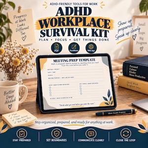 Kit de supervivencia para personas con TDAH en el lugar de trabajo / Planificador y guiones para el trabajo / PDF + GoodNotes + Aplicación web interactiva