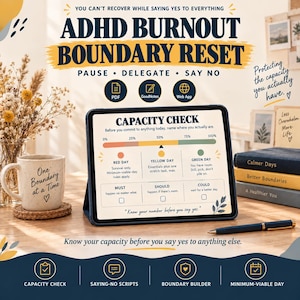 Agenda per la gestione del burnout da ADHD, script per la definizione dei confini, verifica delle capacità (PDF, GoodNotes, applicazione web)