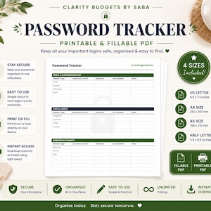 May include: A printable and fillable PDF password tracker document with sections for email, social media, and banking. The page features a white background with dark green and blue headers, a central padlock icon, and text listing 4 sizes: US Letter 8.5 x 11 inches, A4, A5, and Half Letter 5.5 x 8.5 inches.