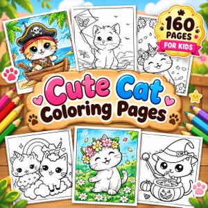 May include: A collection of coloring pages featuring various cat illustrations, including a pirate cat in a boat, a cat with a kite, and a cat wearing a flower crown. The central wooden sign displays the text Cute Cat Coloring Pages and 160 Pages For Kids.