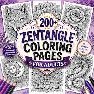 May include: A collection of 200+ Zentangle coloring pages for adults featuring black and white intricate illustrations of a wolf, a rose, a sun and moon, and a dragon, with purple accents and text reading 200+ Zentangle Coloring Pages For Adults.