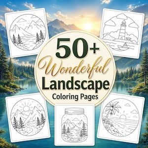 May include: A collection of 50+ Wonderful Landscape Coloring Pages featuring black and white line art illustrations of mountains, forests, a lighthouse, and a tropical beach, all presented in circular frames on a scenic lake background.