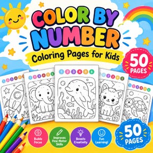 May include: A Color By Number coloring book for kids featuring 50 pages. The cover displays a bright sun, rainbow, and five sample pages showing a rocket, elephant, dolphin, cat, and turtle. Includes four colored pencils and four circular icons.