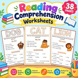 May include: A set of 38 reading comprehension worksheets featuring three pages titled DOG, CAT, and LION. Each page includes a short passage, a cartoon animal illustration, and multiple-choice questions. The design includes colorful text and icons.