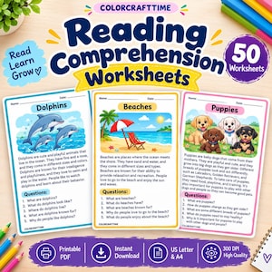 May include: A set of 50 reading comprehension worksheets featuring three distinct pages titled Dolphins, Beaches, and Puppies. Each page includes a colourful illustration, an informational paragraph, and five questions. The text includes Colorcrafttime.