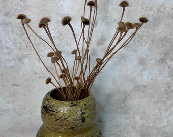 May include: A double-gourd shaped ceramic vase with a glossy olive green glaze and dark brown mottled texture. The vase contains a cluster of thin, dried brown stems topped with small, round, fuzzy seed heads extending outward from the opening.