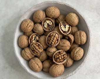 May include: A round, off-white bowl with a textured, uneven rim filled with a collection of whole and cracked walnuts. The walnuts have light brown, wrinkled shells, and the exposed kernels inside are a golden-brown color with a brain-like texture.