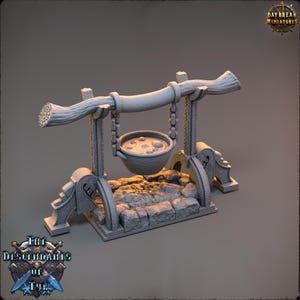 May include: A gray miniature gaming terrain piece featuring a cauldron suspended from a horizontal log supported by two carved pillars. The base is constructed of stone blocks. The text Daybreak Miniatures and The Descendants of Tyr are visible.