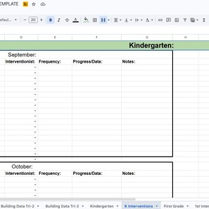 May include: A digital spreadsheet template titled Building Wide PLT & Intervention Tracker - Master Template. The layout includes sections for Kindergarten, September, and October, with columns for Student, Subject, Intervention, Interventionist, Frequency, Progress/Data, and Notes, plus a separate area for Groups.
