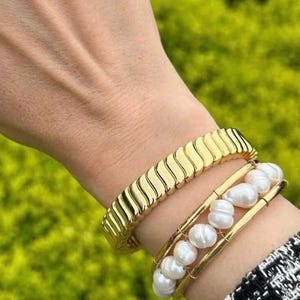 14K Gold Plated Stainless Steel Wave Cuff Bracelet, Modern Statement Bangle