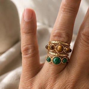 Adjustable Gold Tone Malachite Tiger Eye Ring – Boho Statement Jewelry
