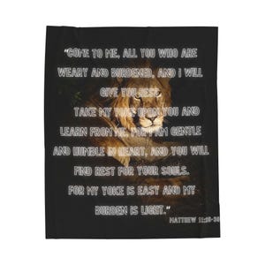 Lion Scripture Quote Velveteen Blanket | Matthew 11:28-30 Bible Verse Throw