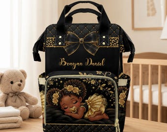 Personalized Black Gold Diaper Bag Backpack & Baby Blanket Set, Luxury Baby Shower Gift, Custom Name Mommy Bag, New Mom Gift, Baby Girl Gift