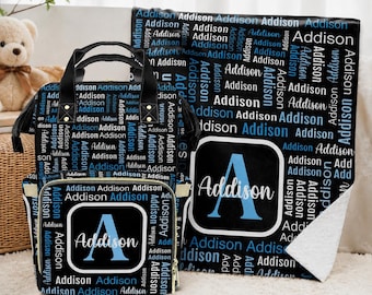 Personalized Diaper Bag & Baby Blanket Set, Custom Name Diaper Backpack, Personalized Baby Gift, New Mom Gift, Minky Dot Blanket