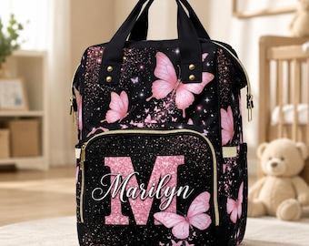 Personalized Glitter Butterfly Diaper Bag, Baby Girl Shower Gift, Waterproof Nylon Backpack