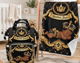 Personalized Baby Prince Diaper Bag, Royal Black Gold Crown Mom Bag, Custom Little Prince Bag, Baby Shower Gift, New Mom Travel Bag