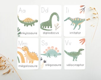 Alphabet dinosaures, Cartes éclairs, Cartes de l'alphabet, Alphabet de la forêt, abécédaire, décoration salle de jeux, alphabet, A7