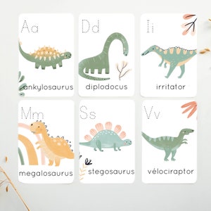 Cartes flash alphabet, cartes d'apprentissage de l'alphabet, cartes d'apprentissage, cartes Montessori, décoration de chambre d'enfant dinosaures, décoration de salle de jeux pour enfants, A17