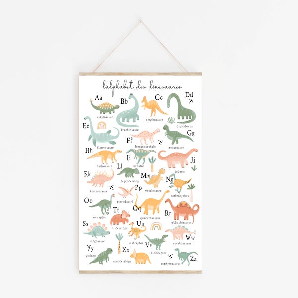 Alfabet poster, primer, kinderkamer poster, peuterkamer decoratie, babykamer, leren, dinosaurussen poster