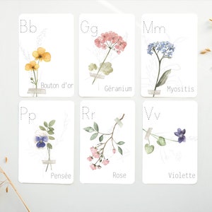 Fleurs, Cartes éclairs, Carte de l'alphabet, décoration chambre de bébé, décoration salle de jeux, flash cards alphabet, apprentissage CE3