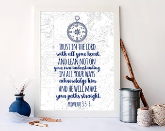 Trust in the Lord, With all your heart, Nautical Bible Verse Art Print, Nautical Home Decor, Christian Wall Art, Baby Nursery Art, A-1300