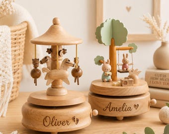 Custom Wooden Music Box, Personalized Carousel Keepsake, Engraved Name Gift for Kids, Nursery Decor, First Birthday Gift, Baby Shower Gift