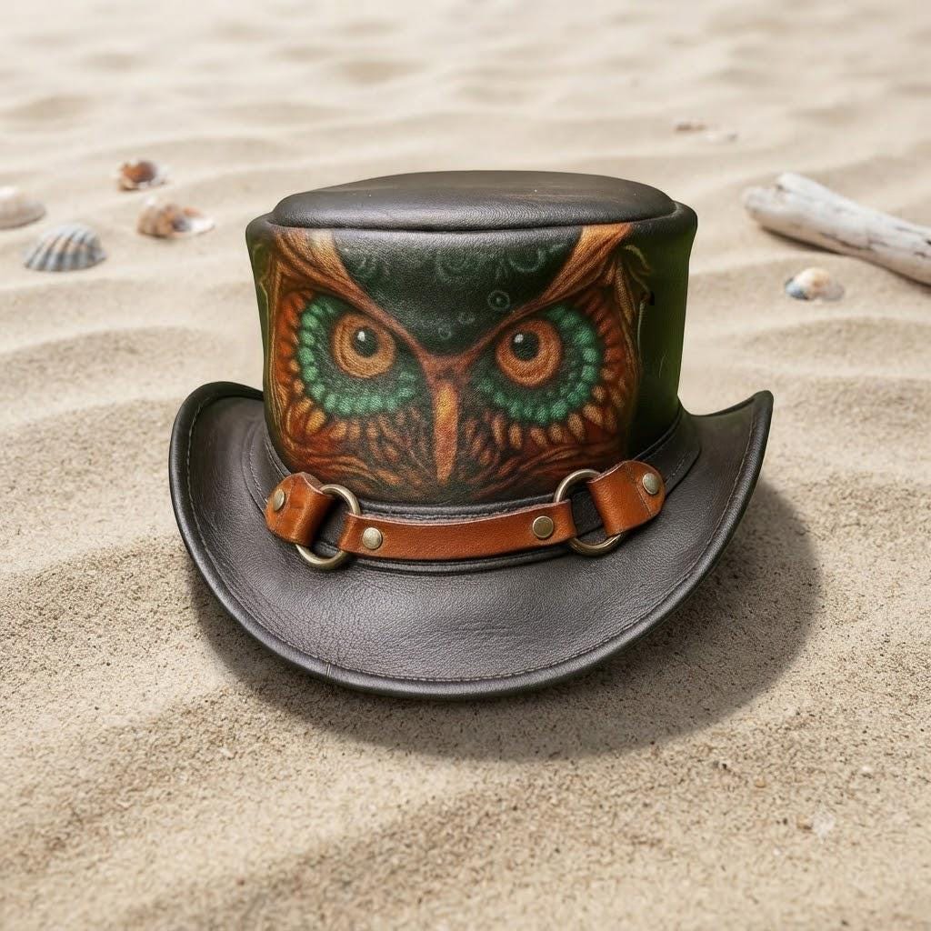 Hand-Painted Owl Leather Top Hat, Steampunk Gothic Festival Accessory