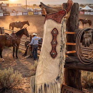 May include: Beige leather chaps featuring intricate floral tooling on the upper yoke and a vertical decorative panel with silver conchos. The garment includes long fringe along the outer leg and is secured with adjustable leather straps.